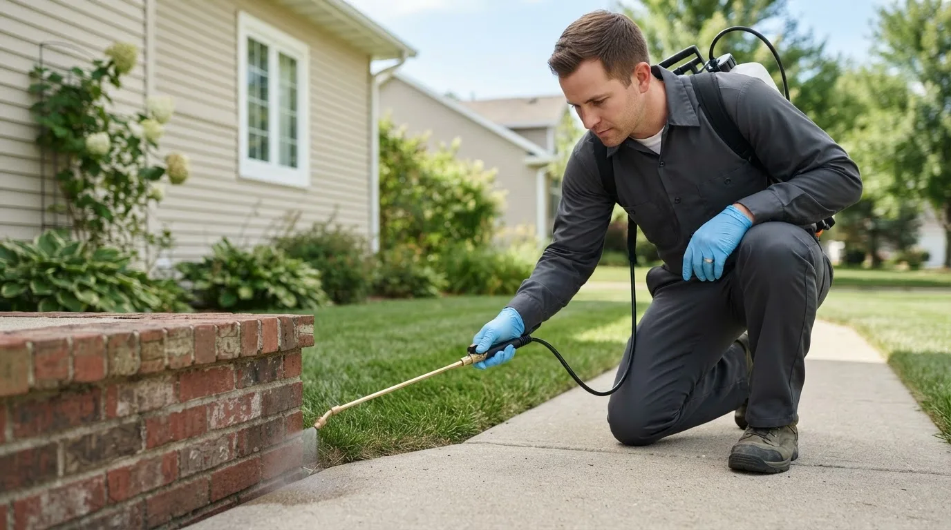 Pest control technician treating a home near Burgettstown, PA
